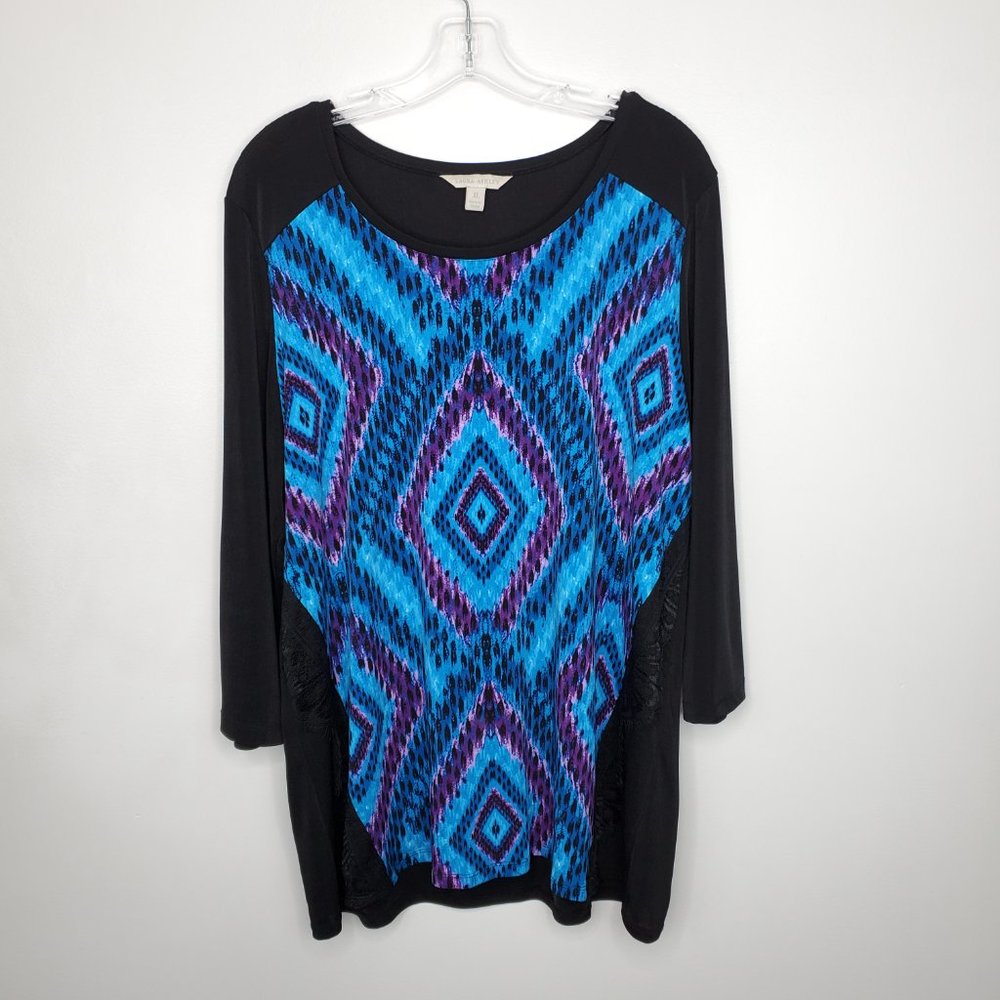 Laura Ashley Black Blue Purple Pullover Top With Eyelash Lace Trim, XL - Picture 11 of 11